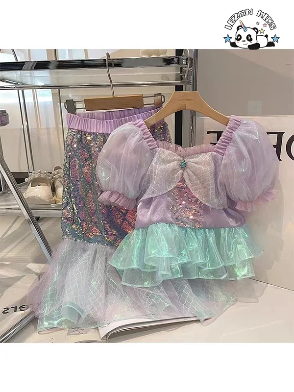 LEZONKIDS - 2024 Spring Summer New Sequined Mermaid Cute Little Girls Clothing Sets Luxury for 2-14 Years
